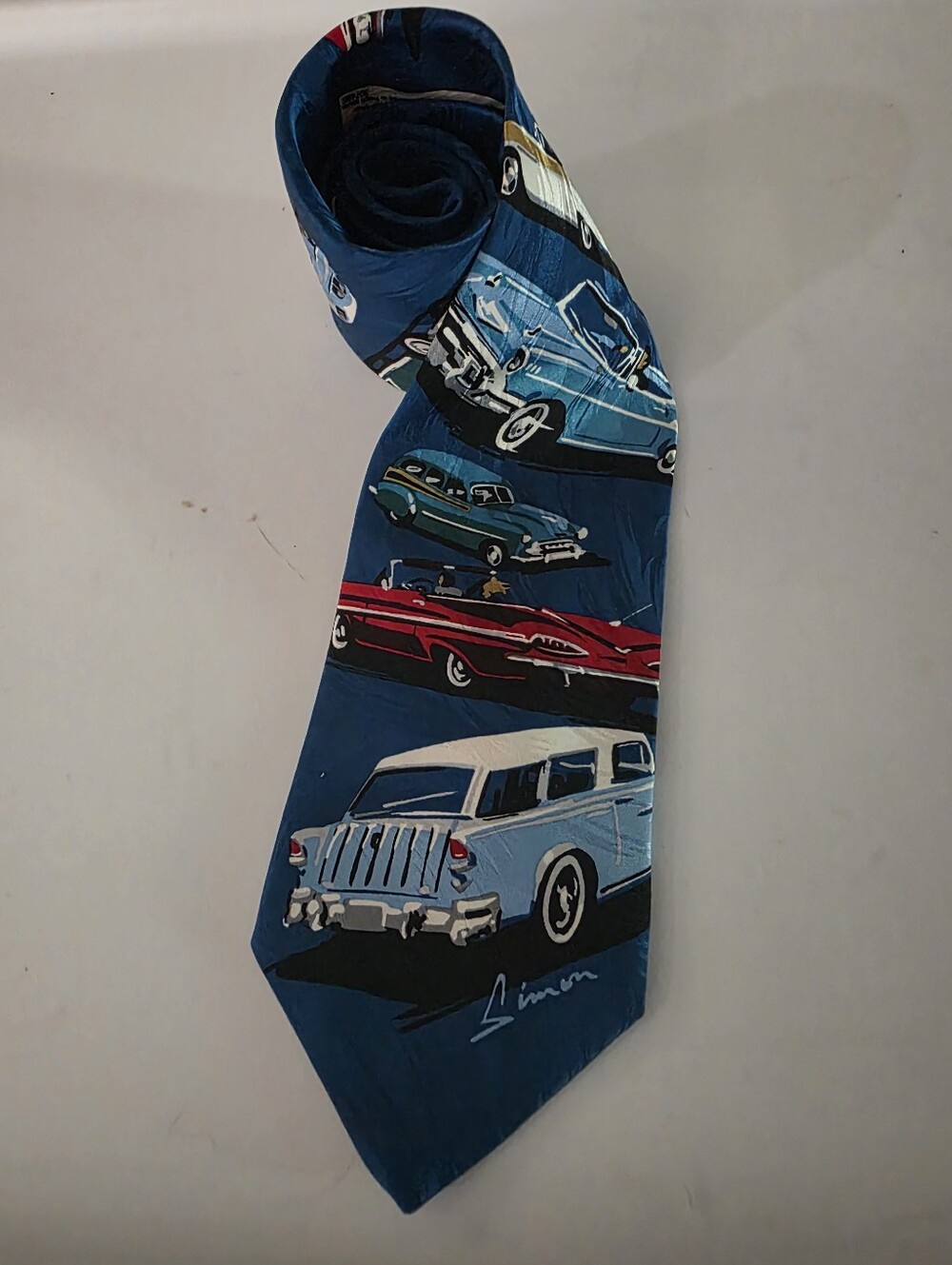 100% Silk Simon Men's Blue Classic Car Pattern Tie
